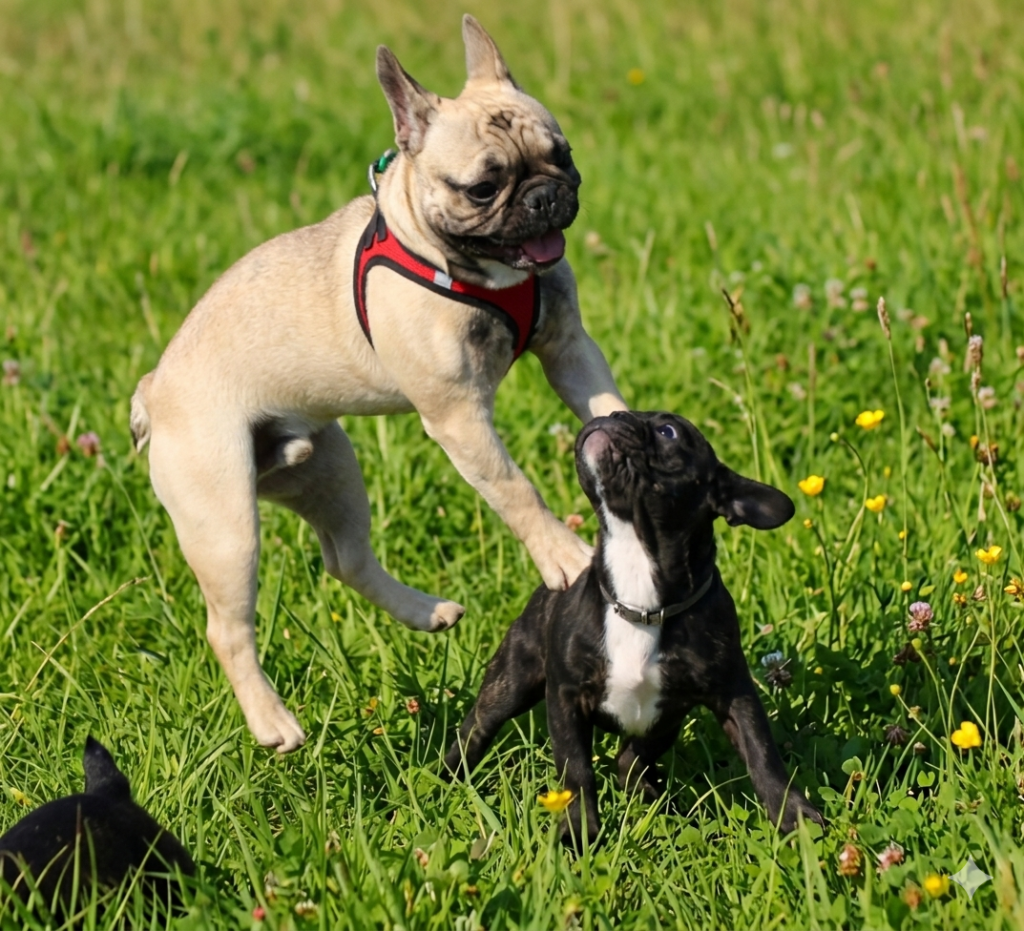 Deux jeunes bouledogues français jouent comme des chiens